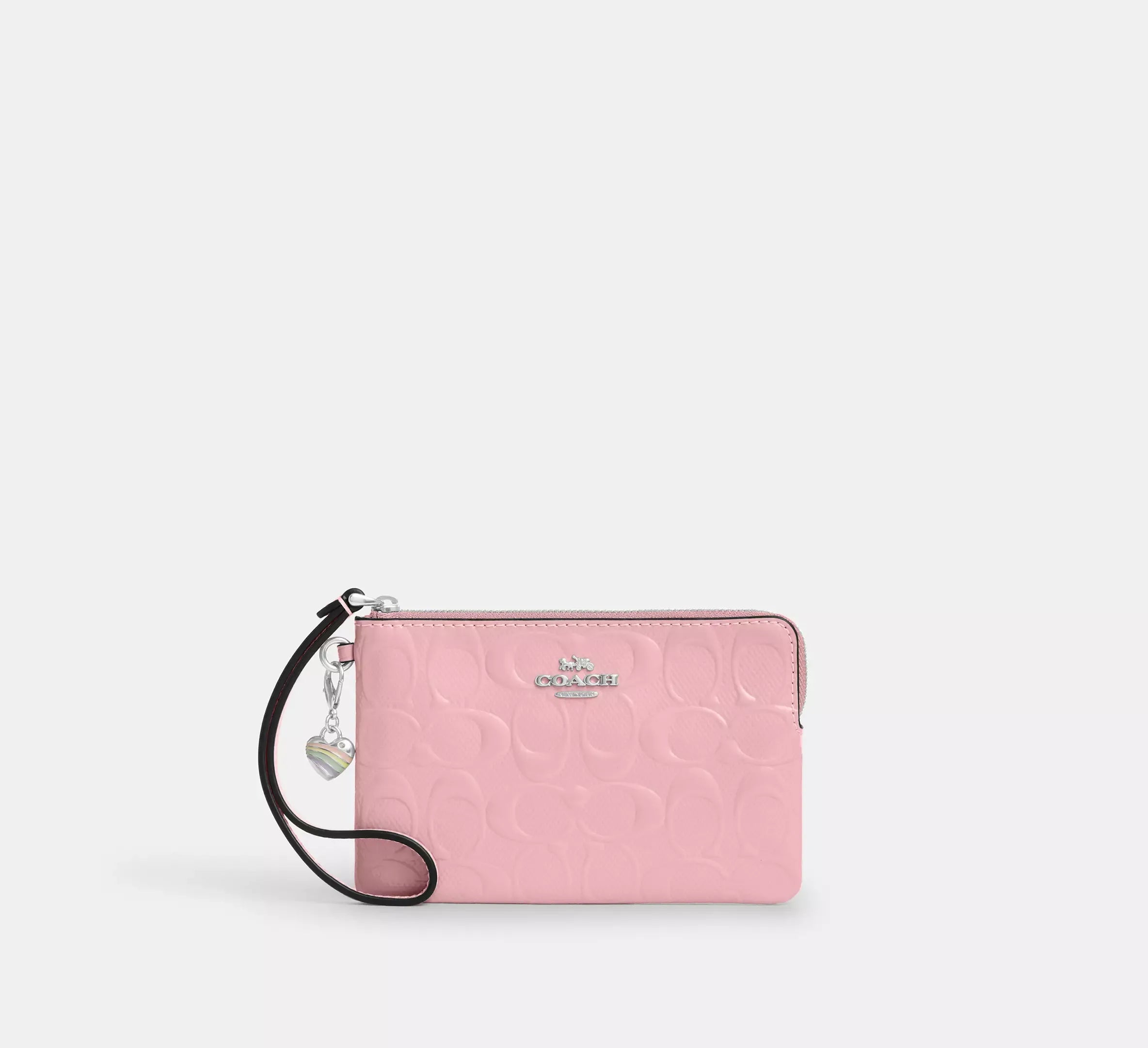 Coach Corner Zip Wristlet In Signature Leather With Heart Charm – Silver/Pink - Mind Türkiye
