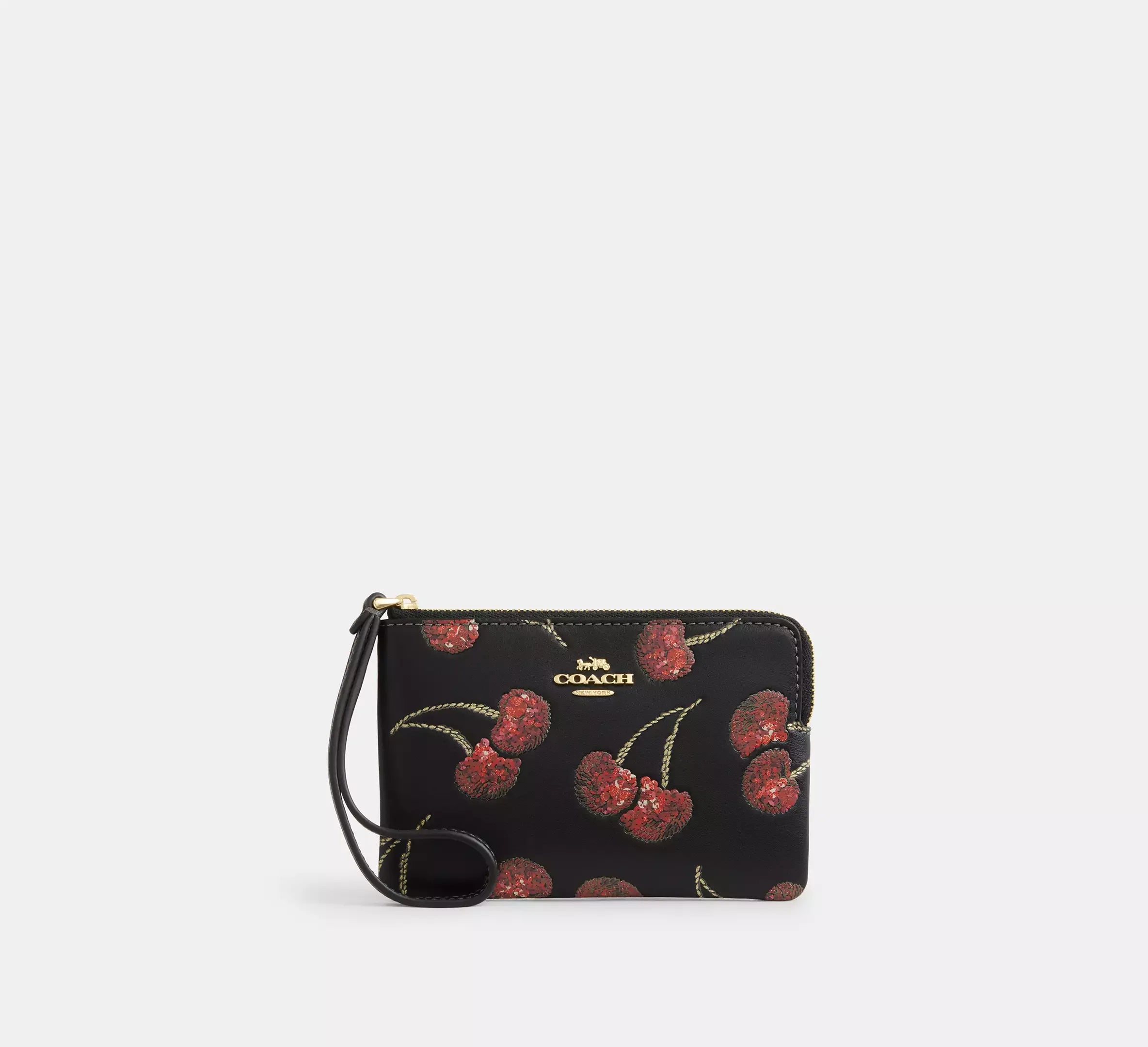 Coach Corner Zip Wristlet With Cherry Print – Gold/Black Multi - Mind Türkiye