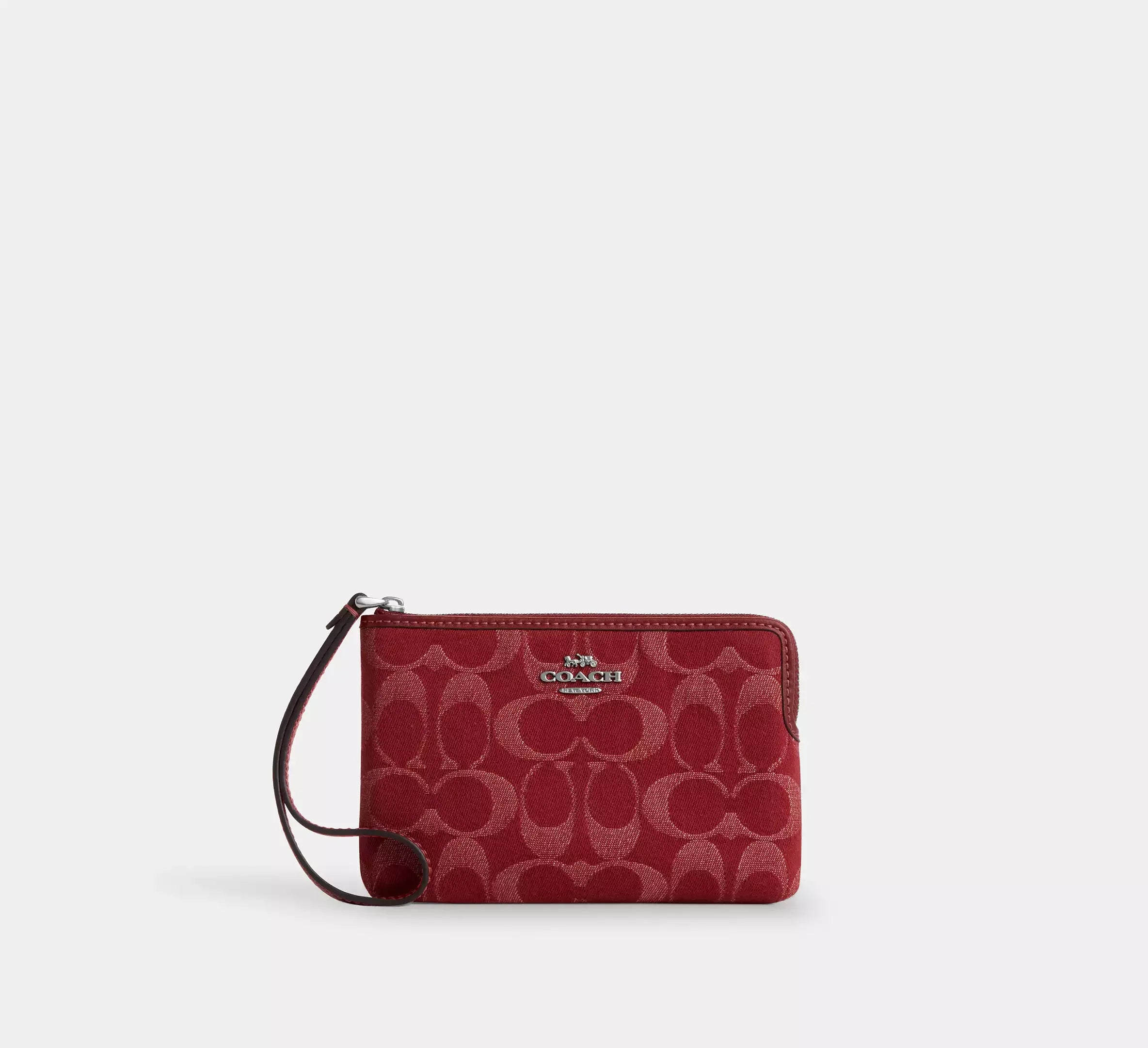 Coach Corner Zip Wristlet In Signature Denim – Silver/True Red - Mind Türkiye