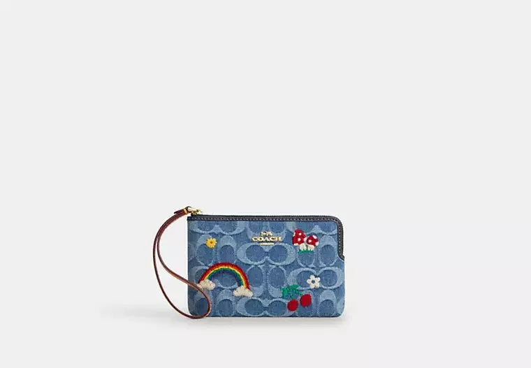 Coach Corner Zip Wristlet In Signature Denim – Gold/Indigo Multi - Mind Türkiye