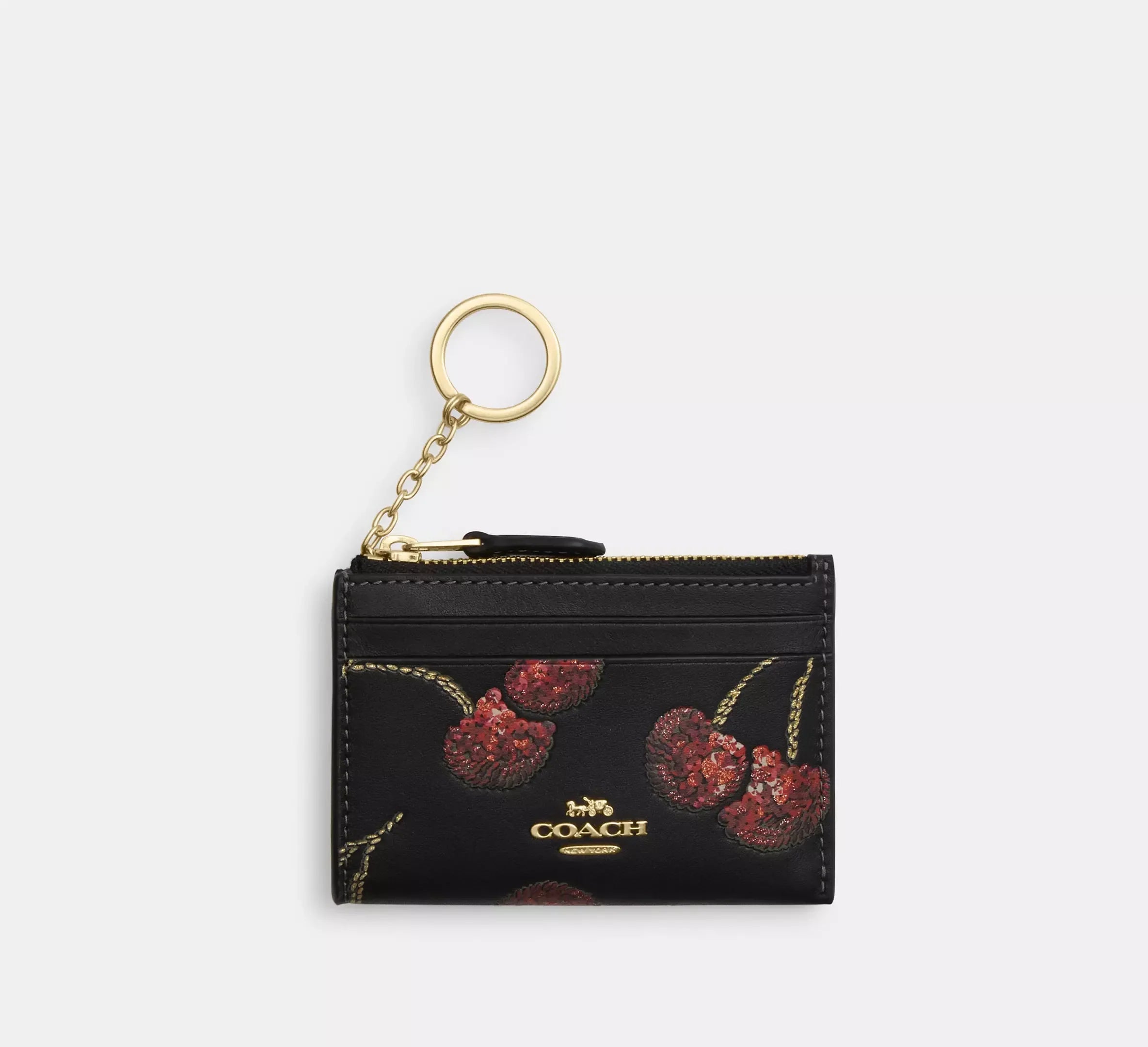 Coach Mini Skinny Id Case With Cherry Print – Gold/Black Multi - Mind Türkiye