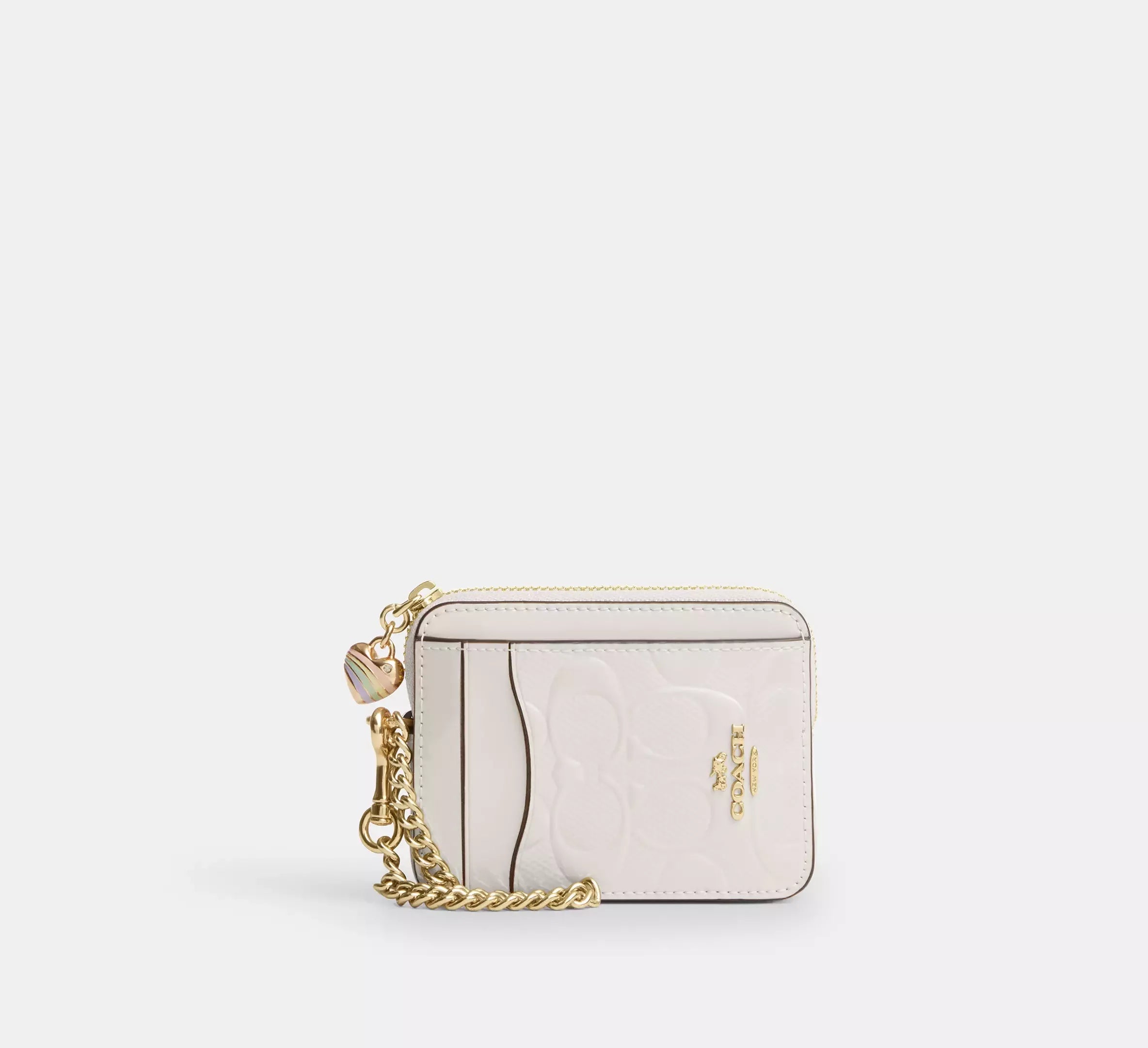 Coach Zip Card Case In Signature Leather With Heart Charm – Gold/Chalk - Mind Türkiye