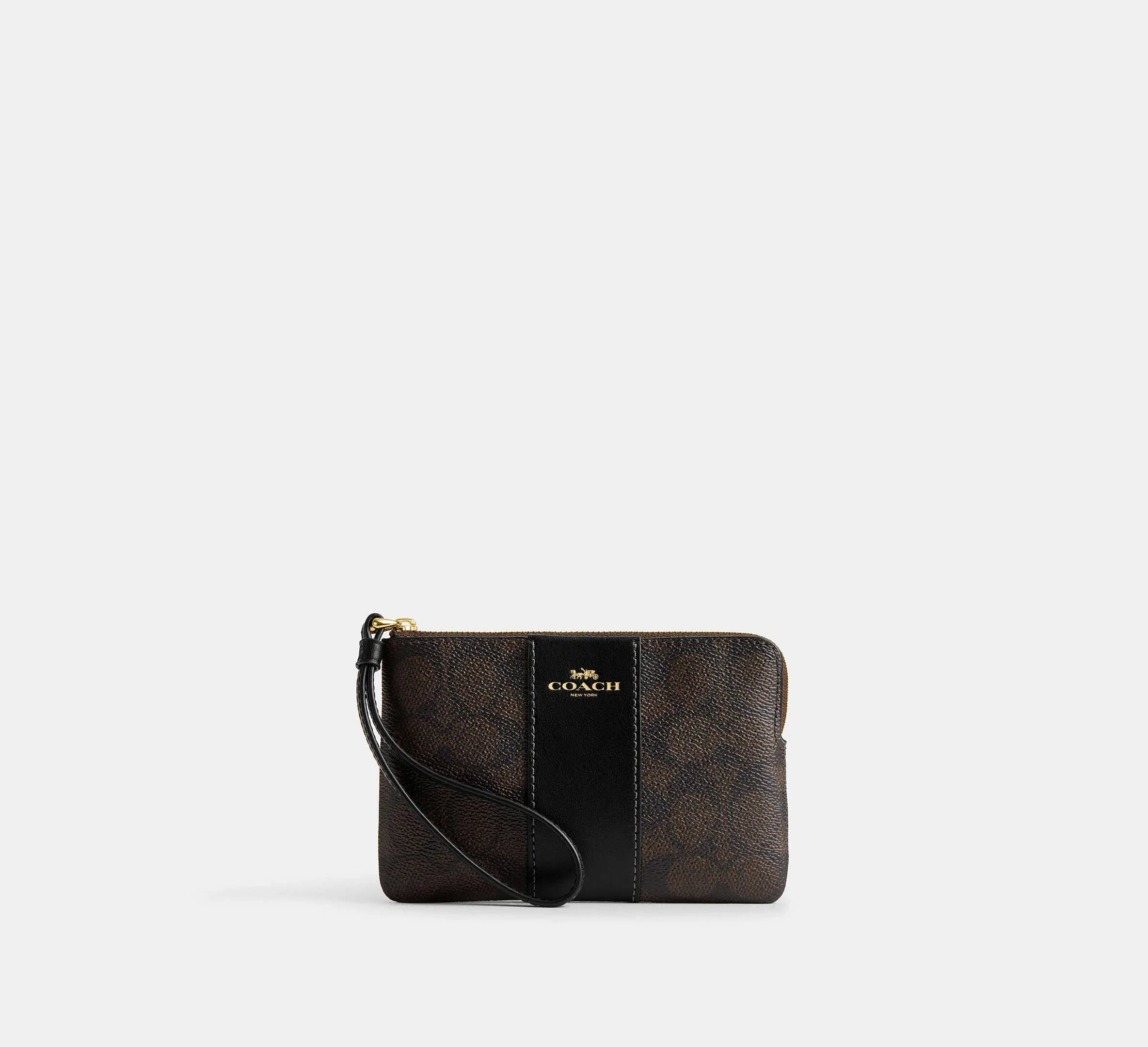 Coach Corner Zip Wristlet In Signature With Stripe – Gold/Walnut/Black - Mind Türkiye