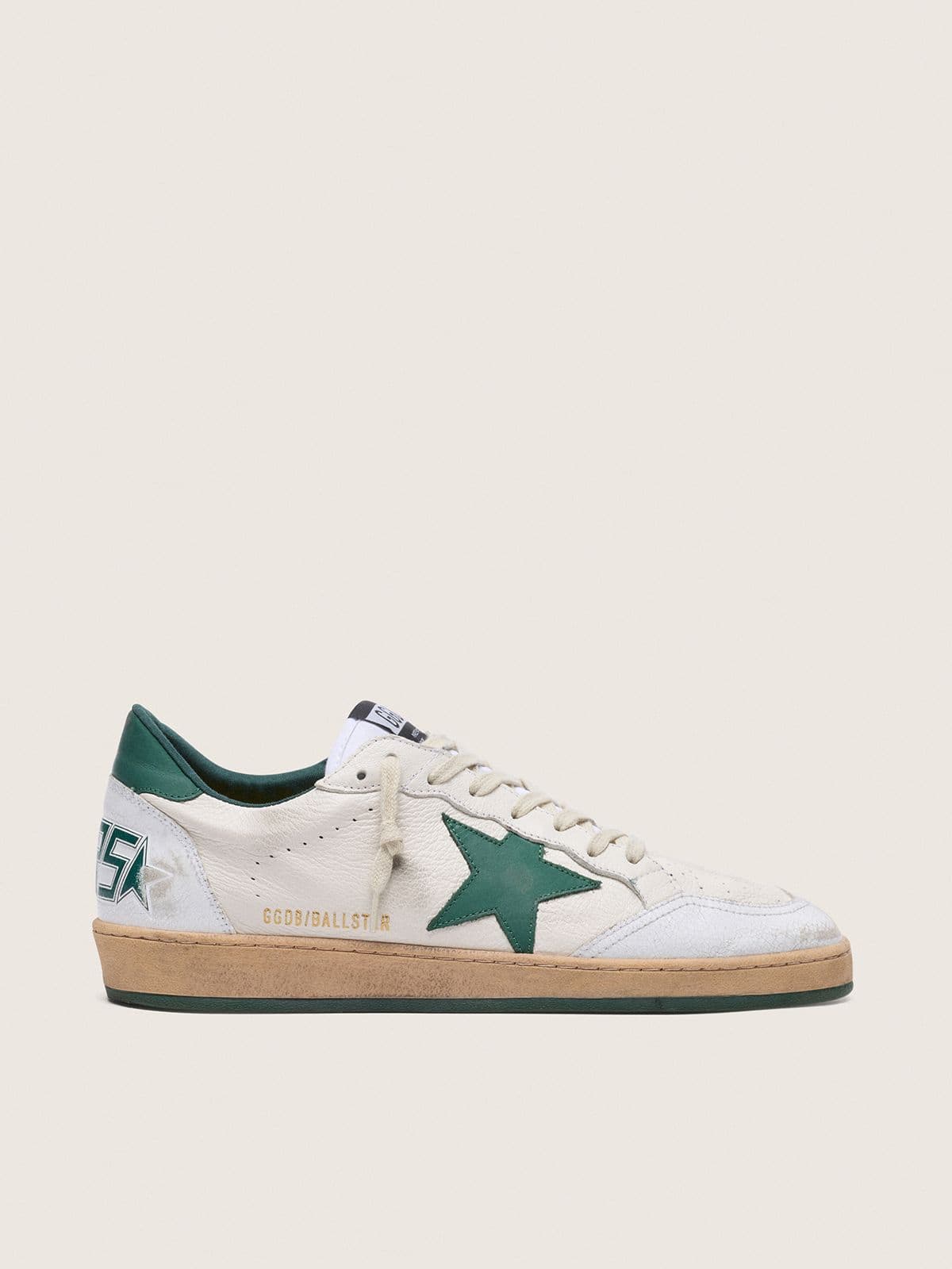 Golden Goose Men’s Ball Star In White Nappa Leather With Green Leather Star And Heel Tab