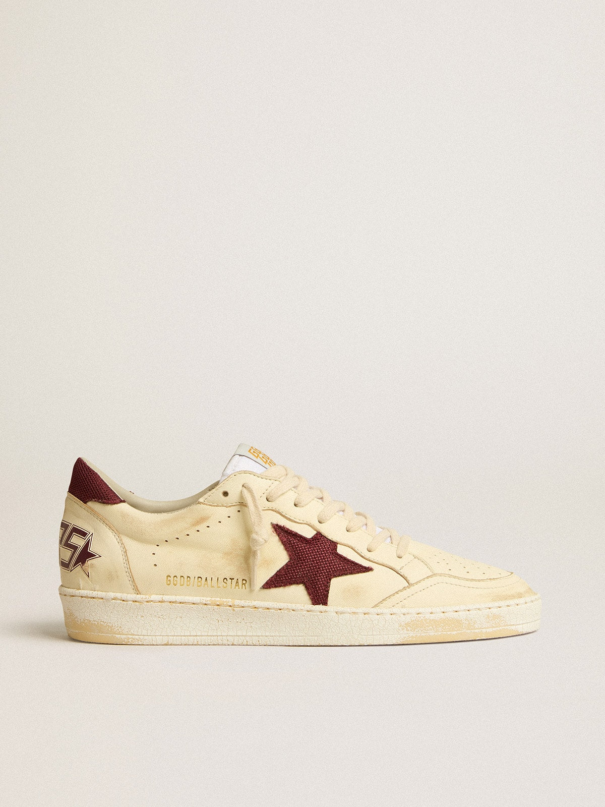 Golden Goose Men’s Ball Star In Beige Nappa With Burgundy Mesh Star And Heel Tab