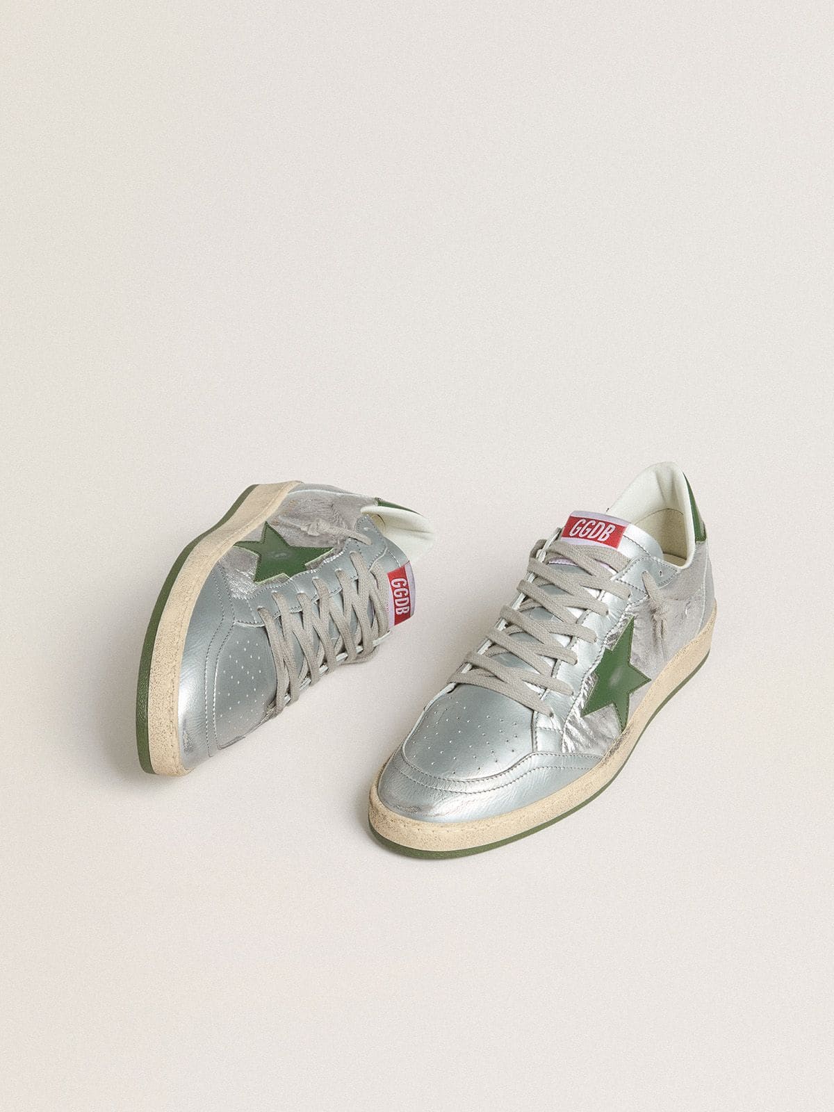 Golden Goose Men’s Ball Star In Silver Nylon With Green Leather Star And Heel Tab - Mind Türkiye