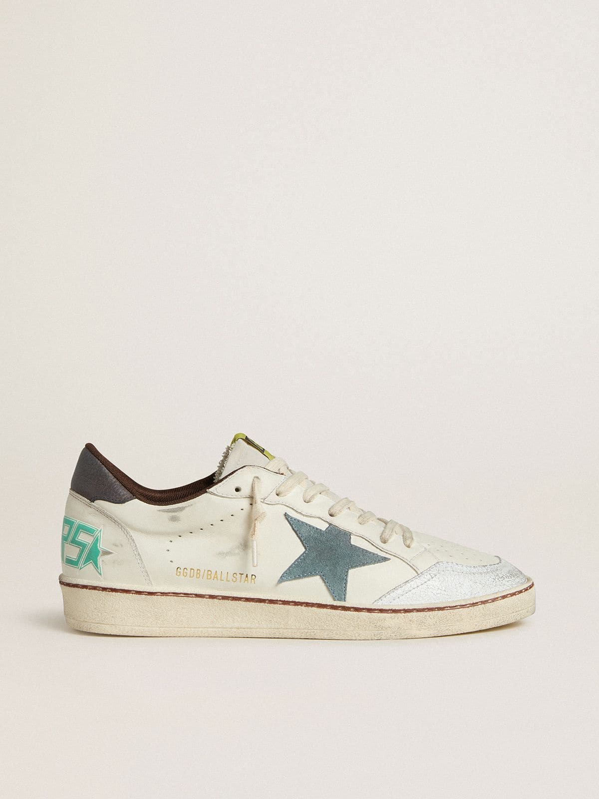 Golden Goose Men’s Ball Star In White Leather With Light Blue Suede Star And Brown Nubuck Heel Tab