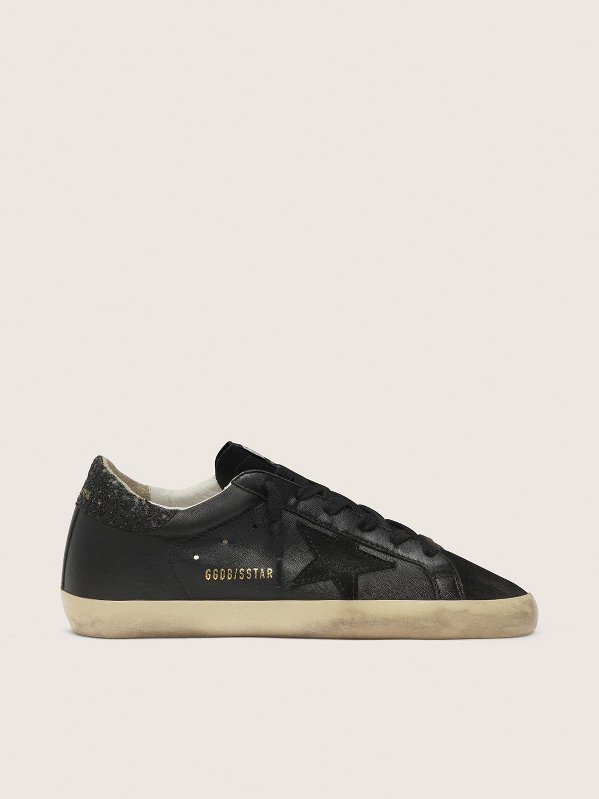 Golden Goose Women’s Super-Star In Black Nappa With Black Star And Glitter Heel Tab