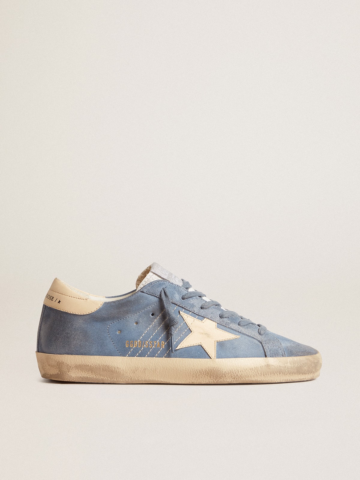 Golden Goose Super-Star In Light Blue Suede With Beige Leather Star And Heel Tab