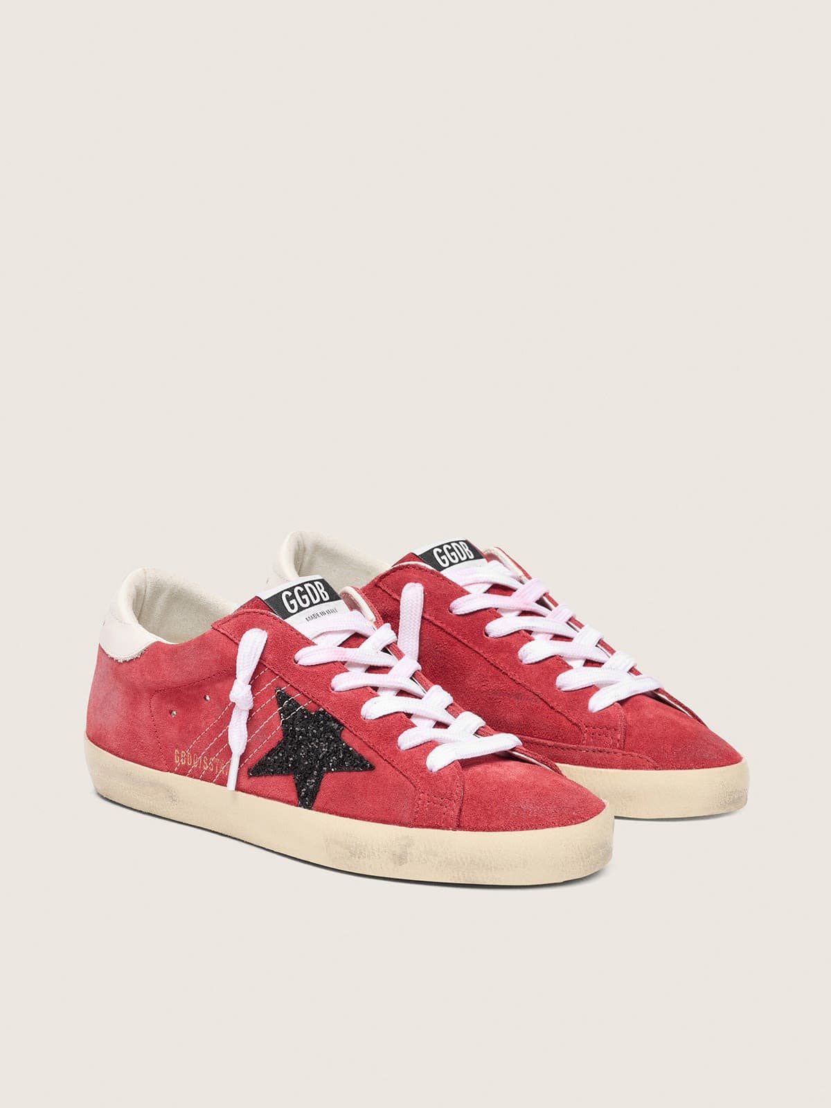 Golden Goose Women’s Super-Star In Red Suede With Glitter Star And White Heel Tab - Mind Türkiye