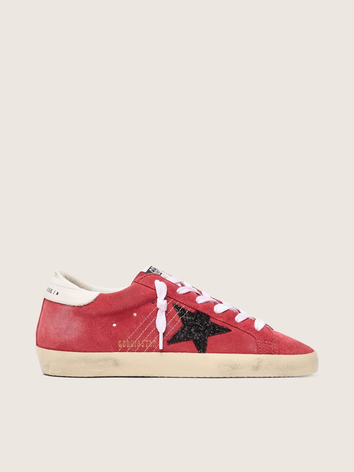 Golden Goose Women’s Super-Star In Red Suede With Glitter Star And White Heel Tab