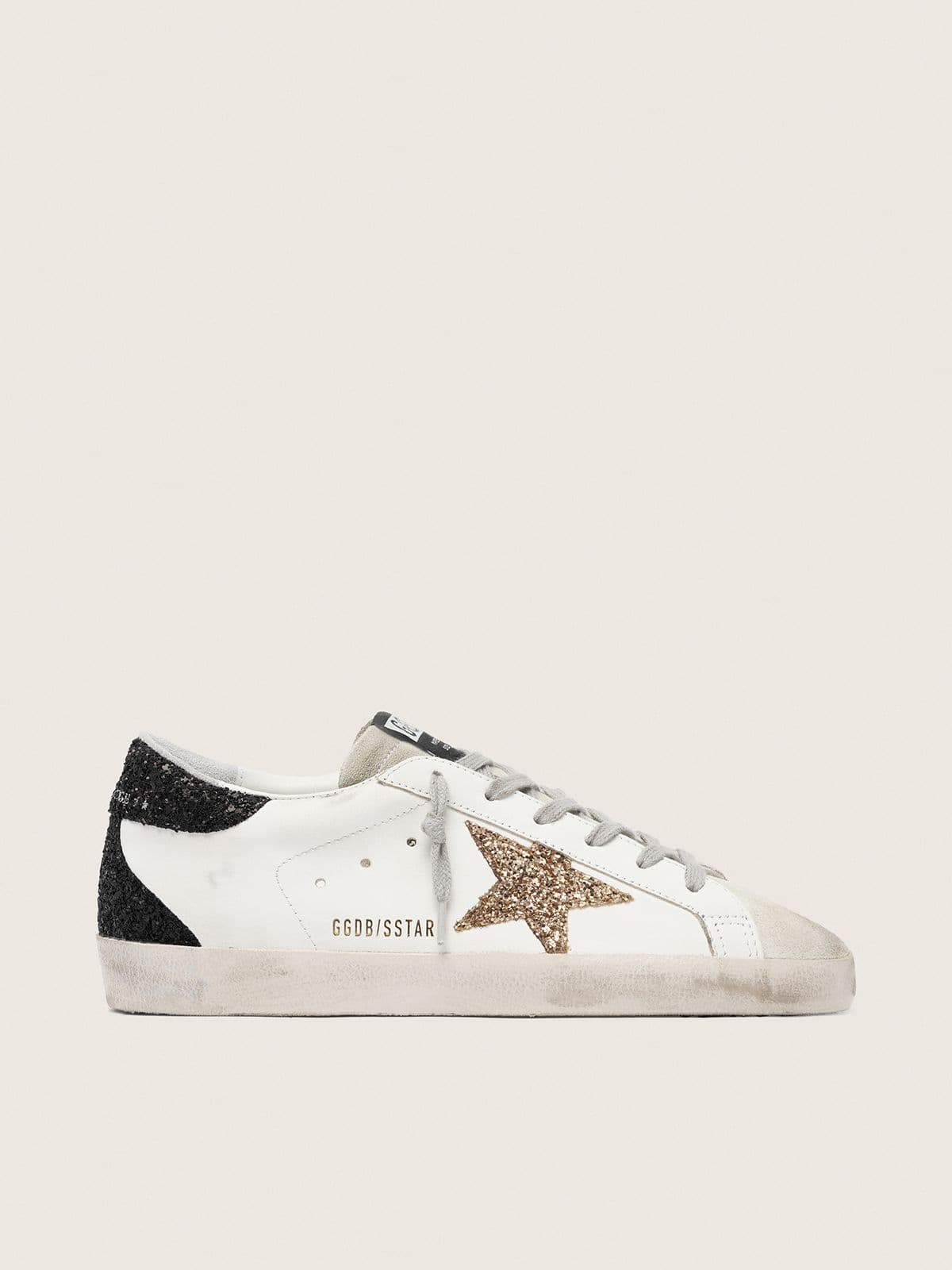 Golden Goose Women’s Super-Star In Nappa Leather With Gold Glitter Star And Black Glitter Heel Tab