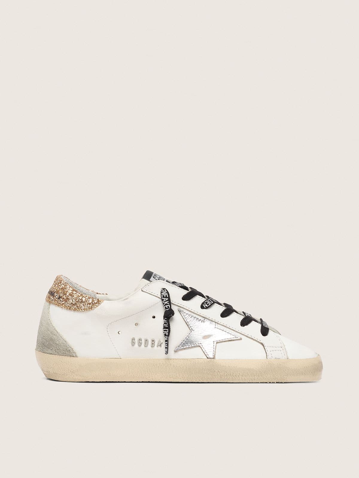 Golden Goose Women’s White Leather Super-Star With Glittery Heel Tab