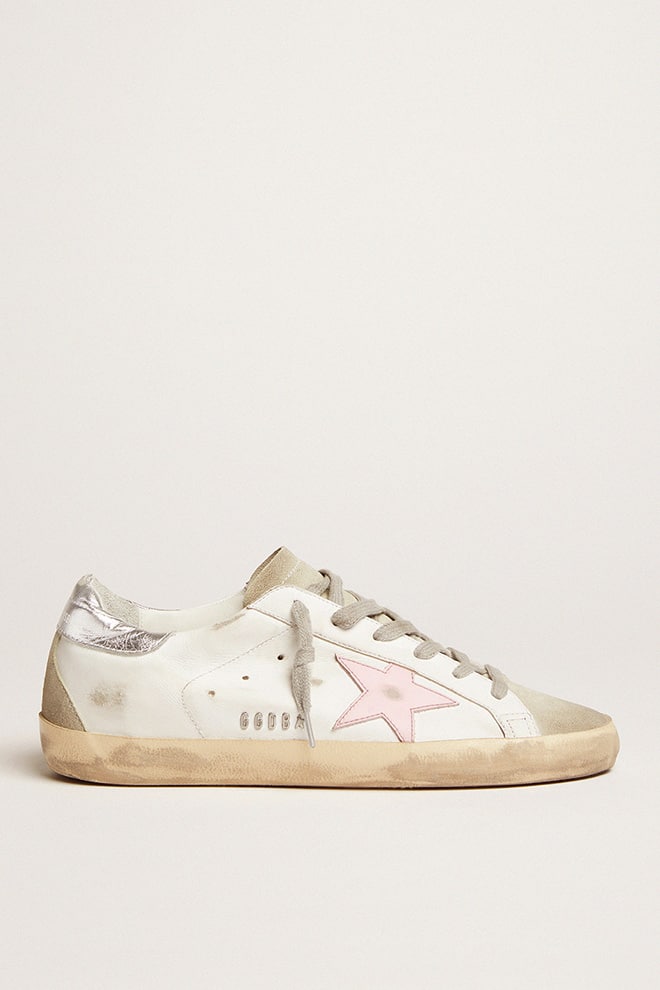 Golden Goose Women’s Leather Super-Star With Pink Star And Silver Heel Tab