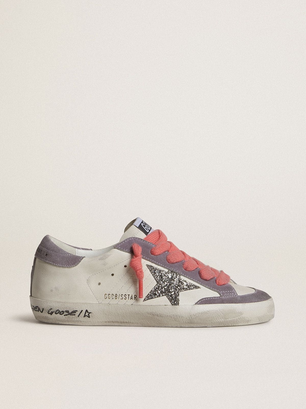 Golden Goose Women’s Super-Star With Silver Glitter Star And Lilac Suede Heel Tab