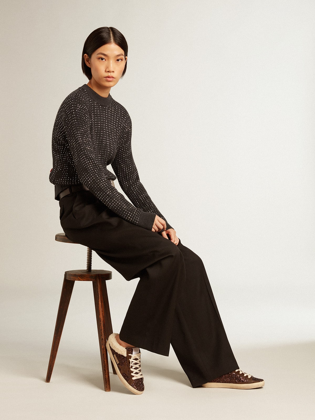 Golden Goose Super-Star Sabots In Glitter With Brown Star And Shearling Lining - Mind Türkiye