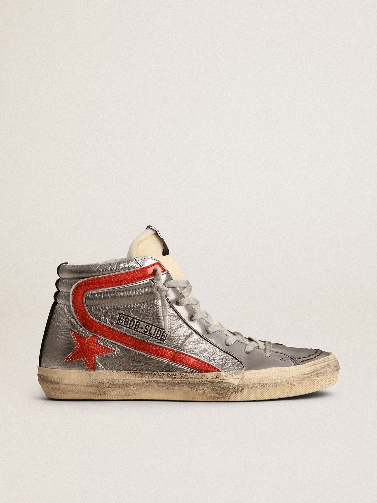 Golden Goose Women’s Slide With Silver Metallic Leather Upper And Red Metallic Leather Flash - Mind Türkiye