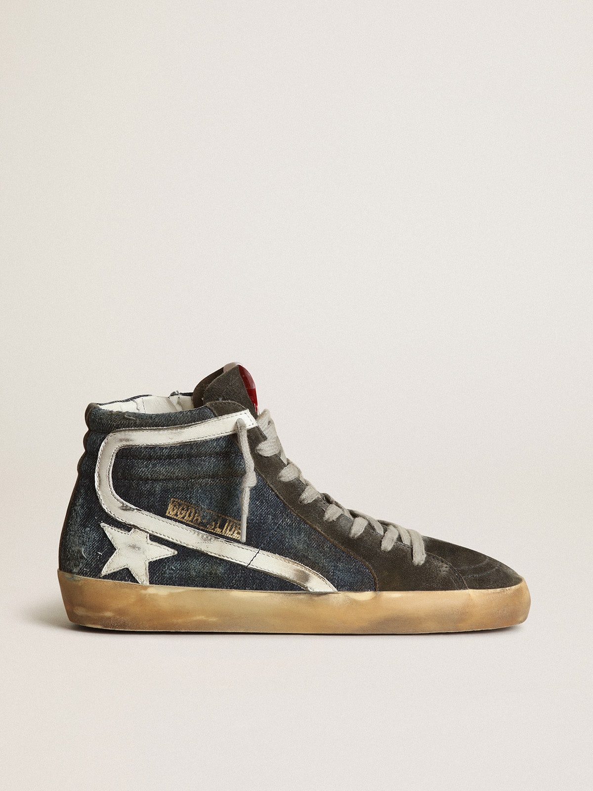 Golden Goose Slide In Midnight-Blue Denim With White Leather Star