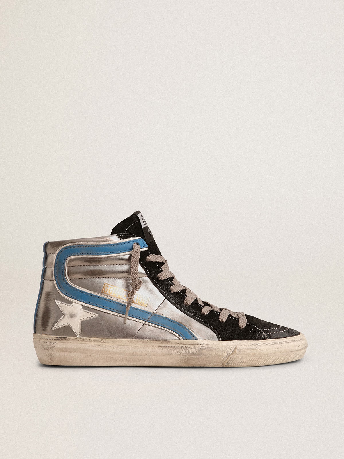 Golden Goose Slide In Silver Metallic Leather With White Leather Star