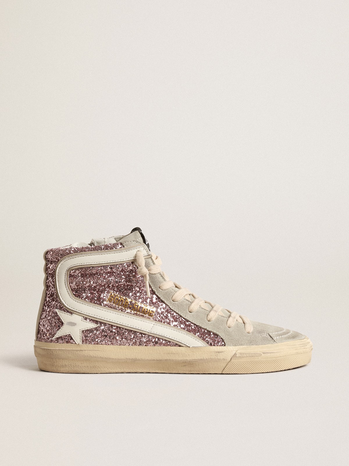 Golden Goose Slide In Lilac Glitter With White Leather Star And Flash