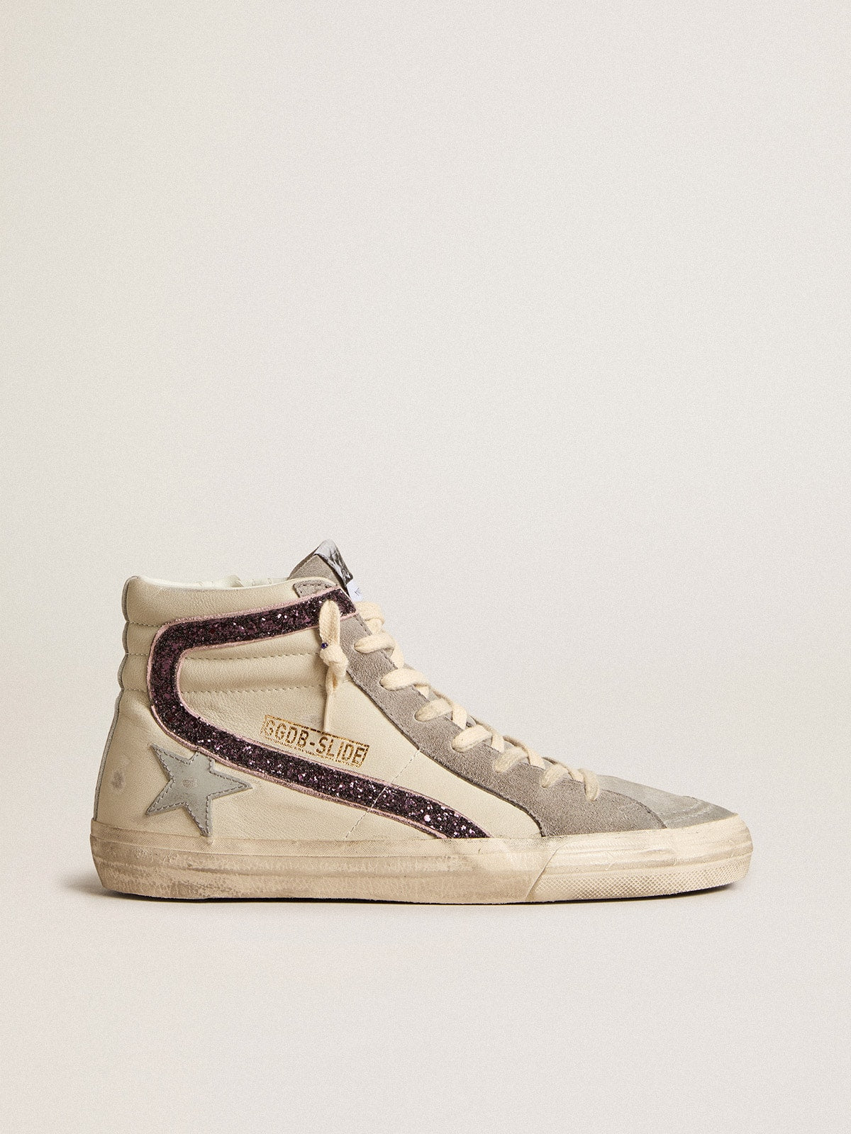 Golden Goose Slide With Gray Leather Star And Wine-Colored Glitter Flash - Mind Türkiye