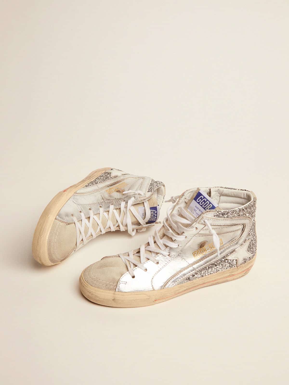 Golden Goose Women’s Slide With Laminated Leather Upper And Silver Glitter - Mind Türkiye