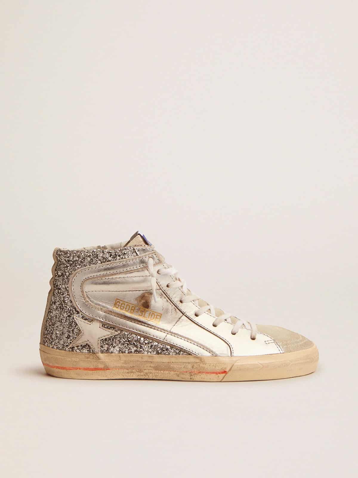 Golden Goose Women’s Slide With Laminated Leather Upper And Silver Glitter - Mind Türkiye