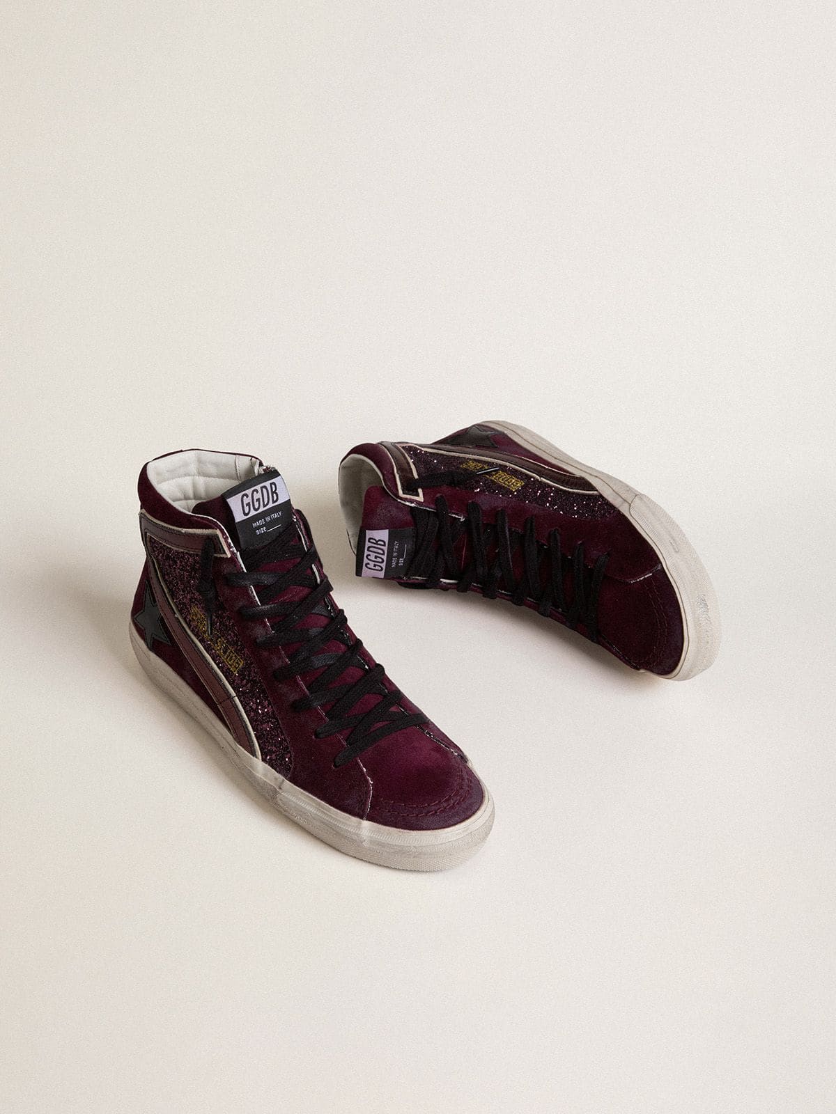 Golden Goose Women’s Slide In Black Cherry Glitter And Suede With Leather Star And Metallic Leather Flash - Mind Türkiye