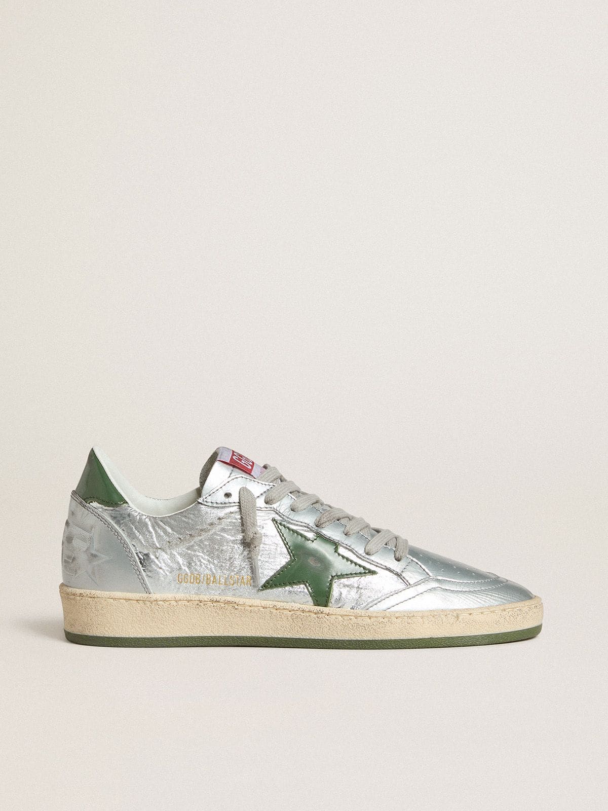 Golden Goose Women’s Ball Star In Silver Nylon With Green Leather Star And Heel Tab