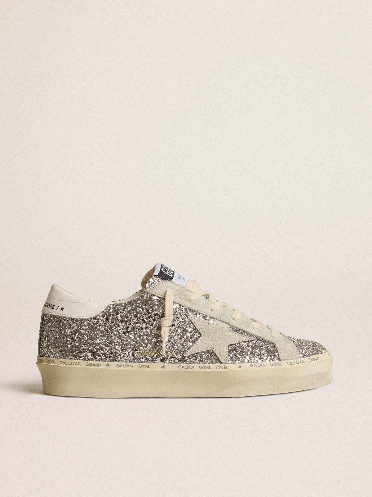 Golden Goose Women’s Hi Star In Silver Glitter With Suede Star And White Heel Tab