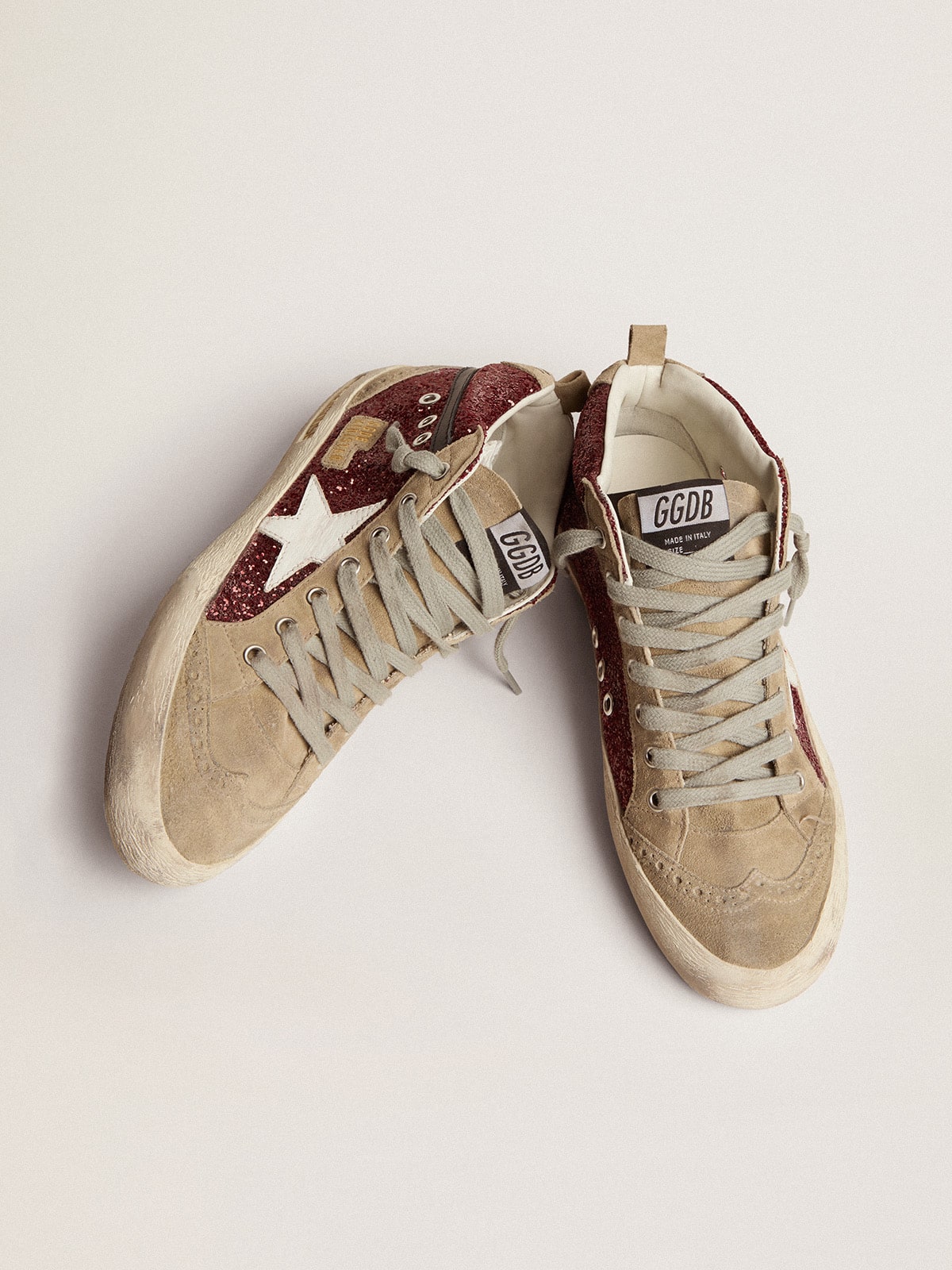 Golden Goose Women’s Mid Star In Burgundy Glitter With Gray Inserts And White Star - Mind Türkiye