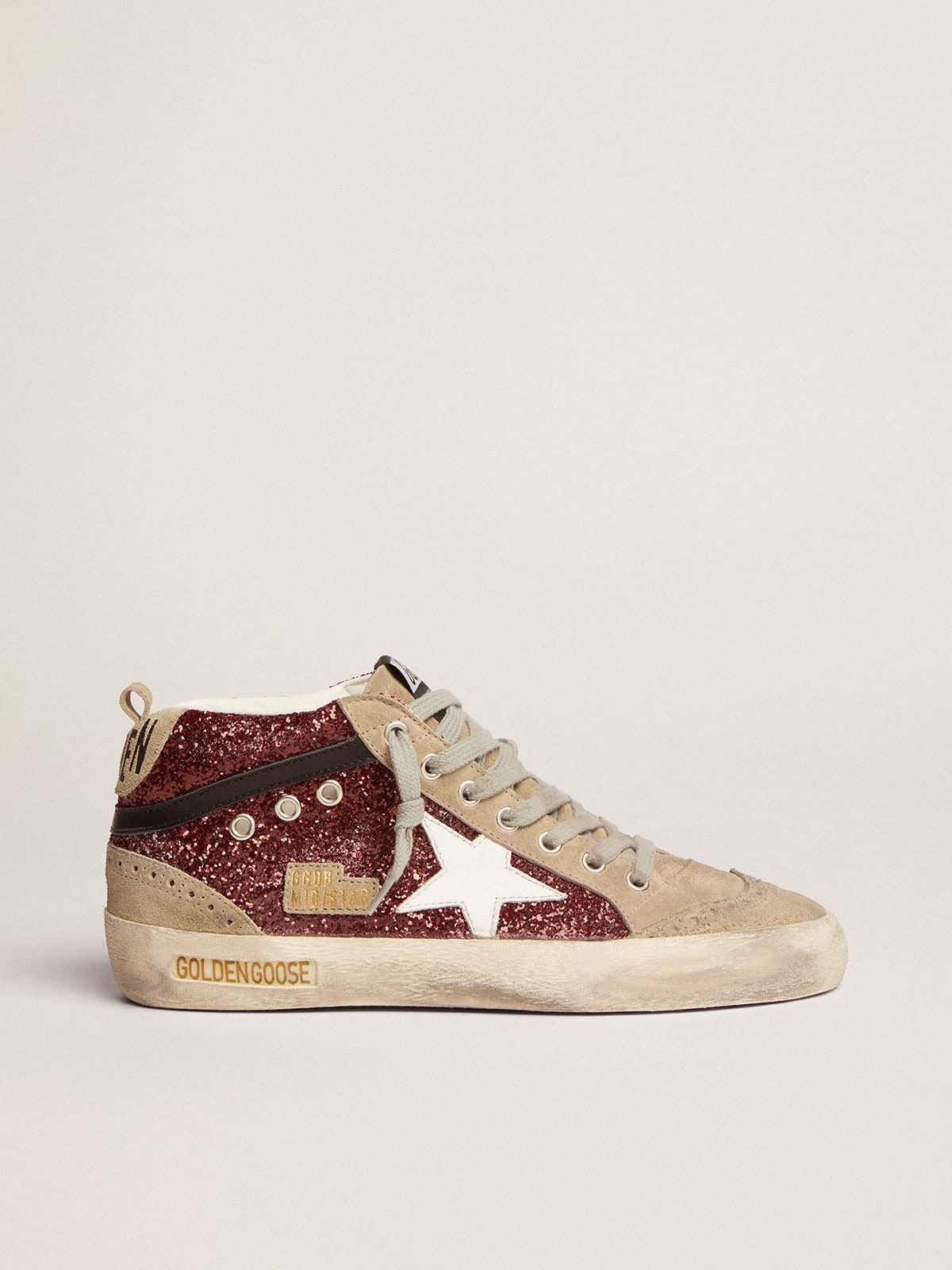 Golden Goose Women’s Mid Star In Burgundy Glitter With Gray Inserts And White Star