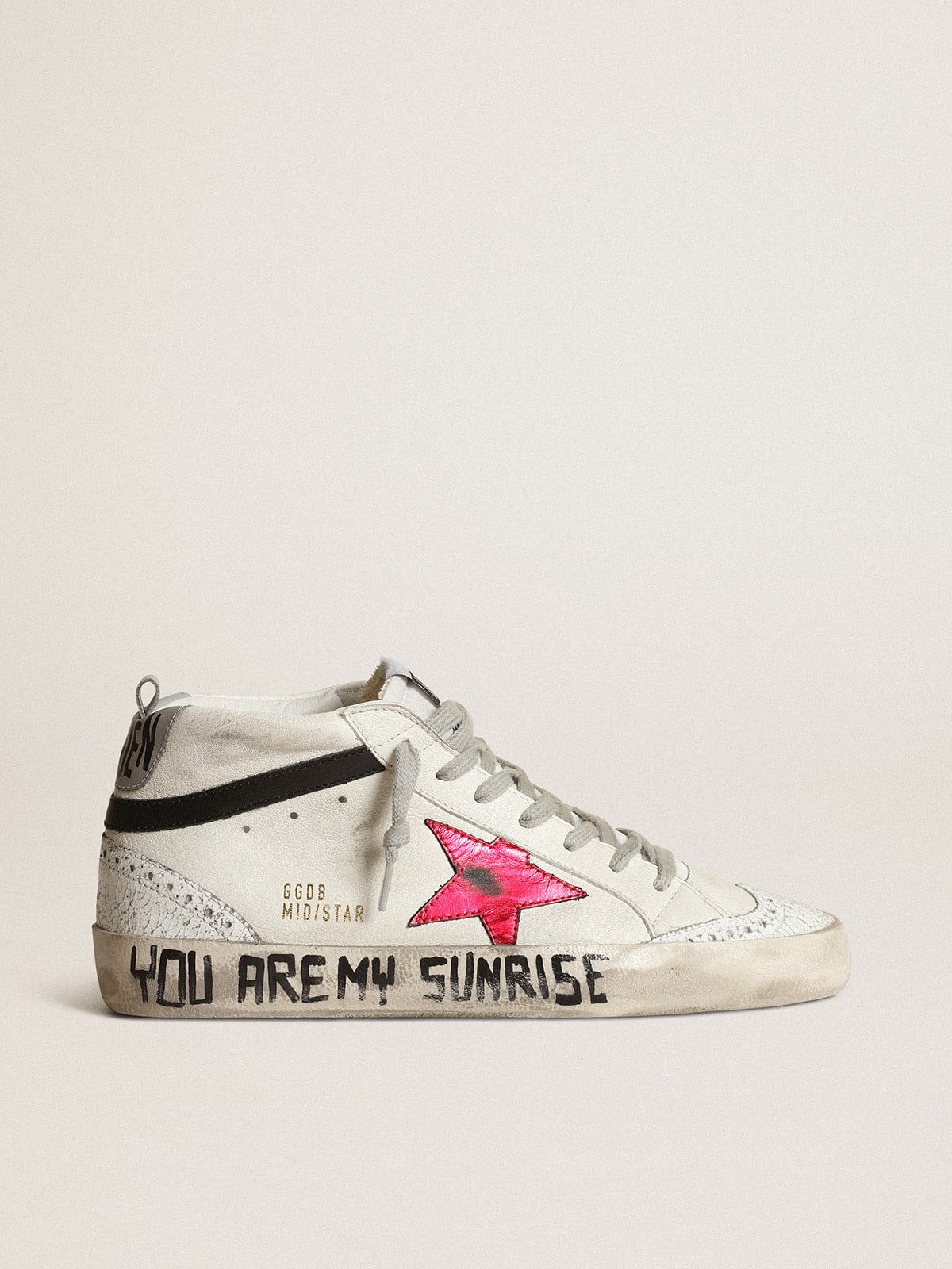 Golden Goose Mid Star With A Pink Laminated Leather Star And Black Flash