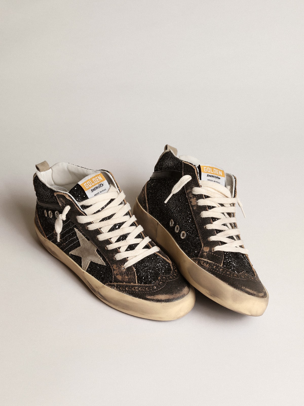 Golden Goose Women’s Mid Star In Black Glitter With Dove-Gray Suede Star And Heel Tab - Mind Türkiye