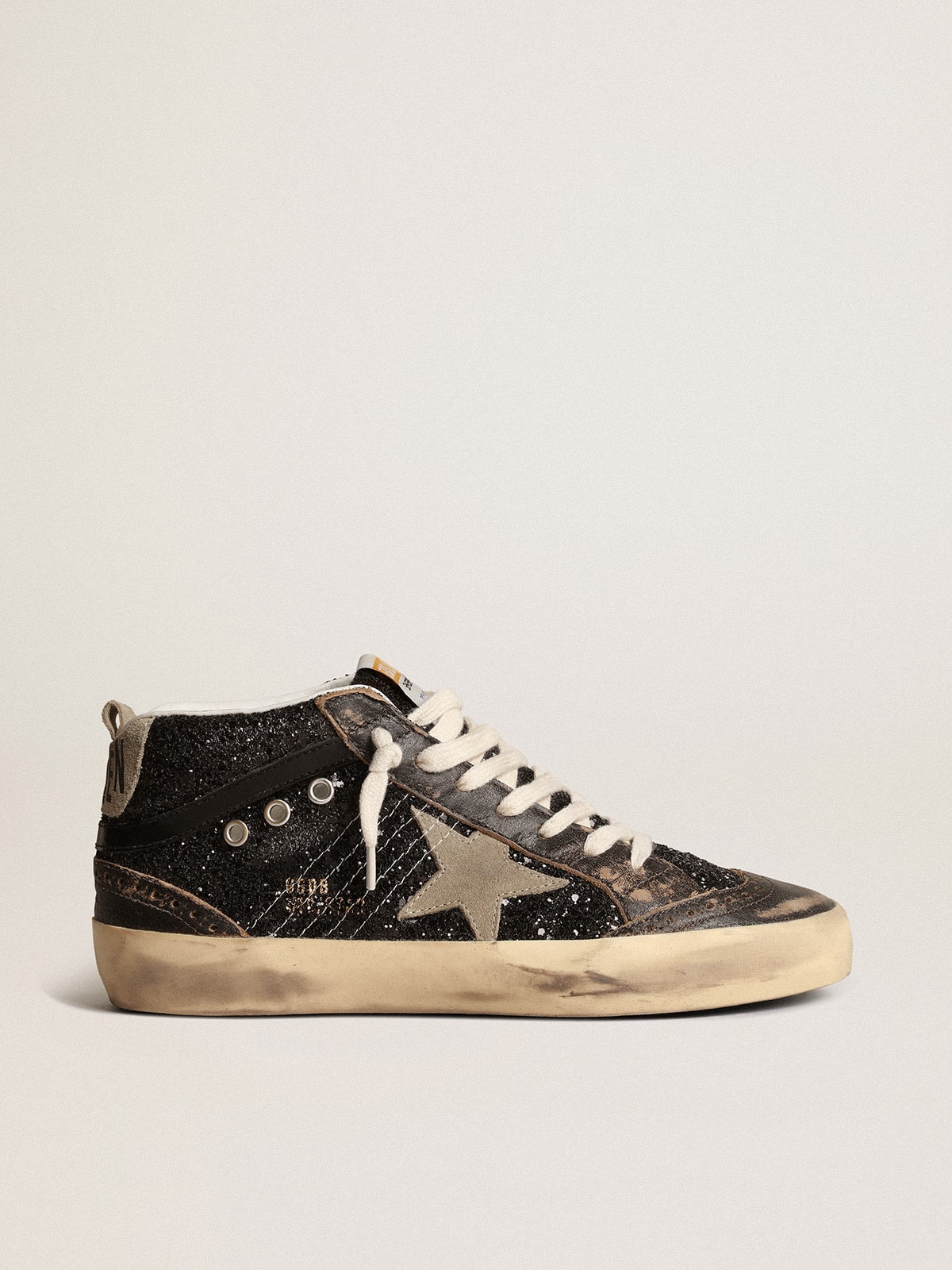 Golden Goose Women’s Mid Star In Black Glitter With Dove-Gray Suede Star And Heel Tab