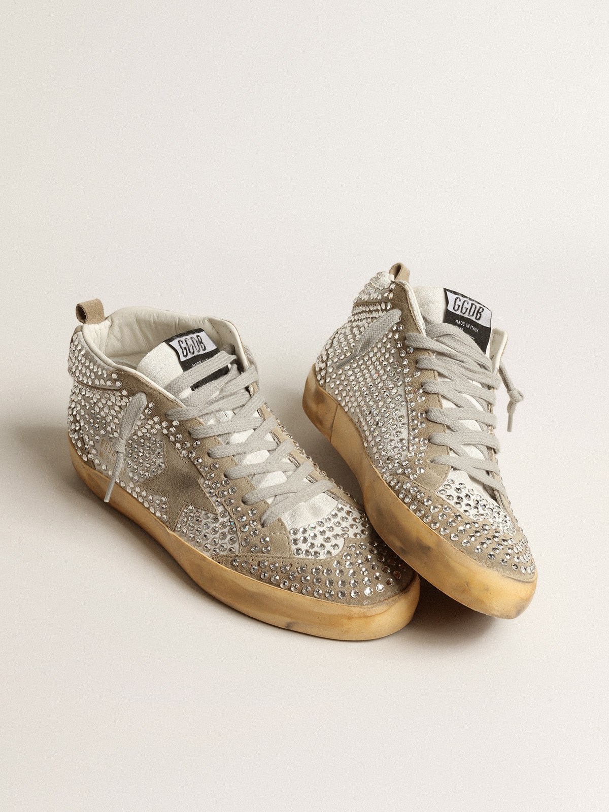 Golden Goose Women’s Mid Star In White And Dove-Gray Suede With Swarovski Crystals - Mind Türkiye