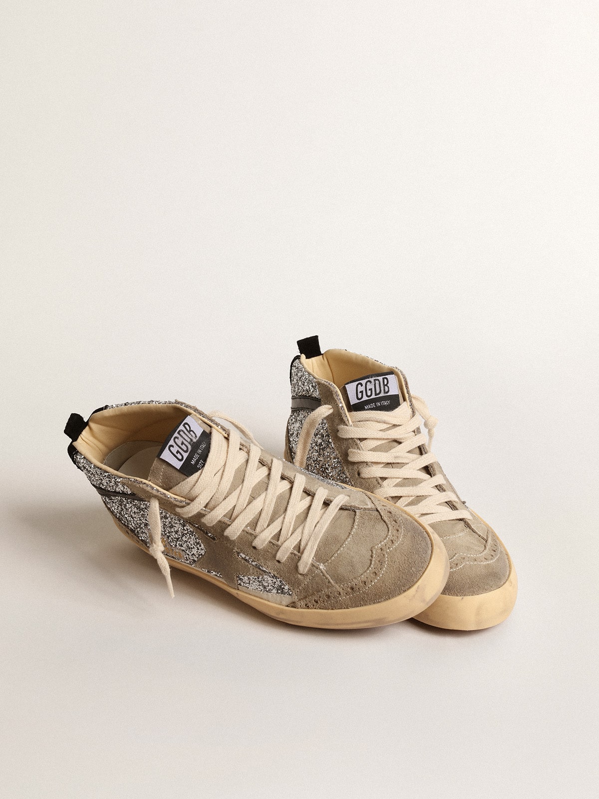 Golden Goose Mid Star In Silver Glitter With Suede Star And Black Flash - Mind Türkiye