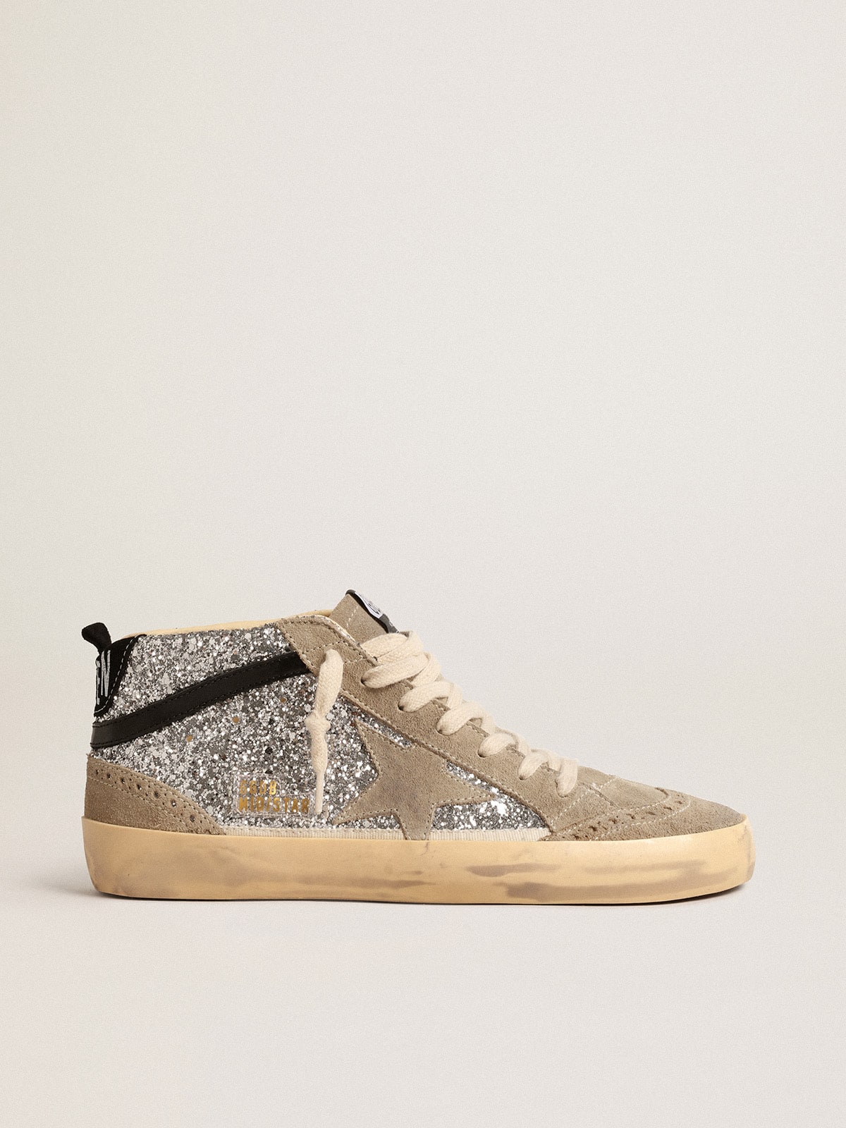 Golden Goose Mid Star In Silver Glitter With Suede Star And Black Flash - Mind Türkiye