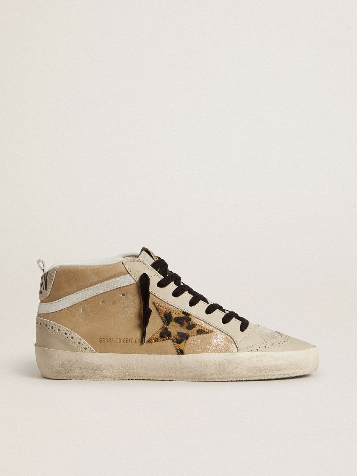 Golden Goose Women’s Mid Star In Beige Naplak Leather With Leopard-Print Pony Skin Star - Mind Türkiye