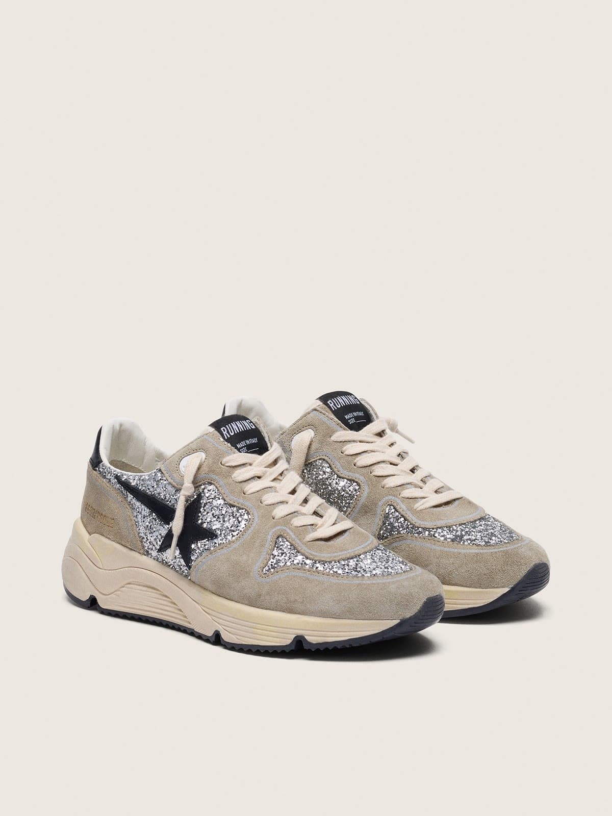 Golden Goose Women’s Running Sole In Silver Glitter And Dove Gray Suede - Mind Türkiye