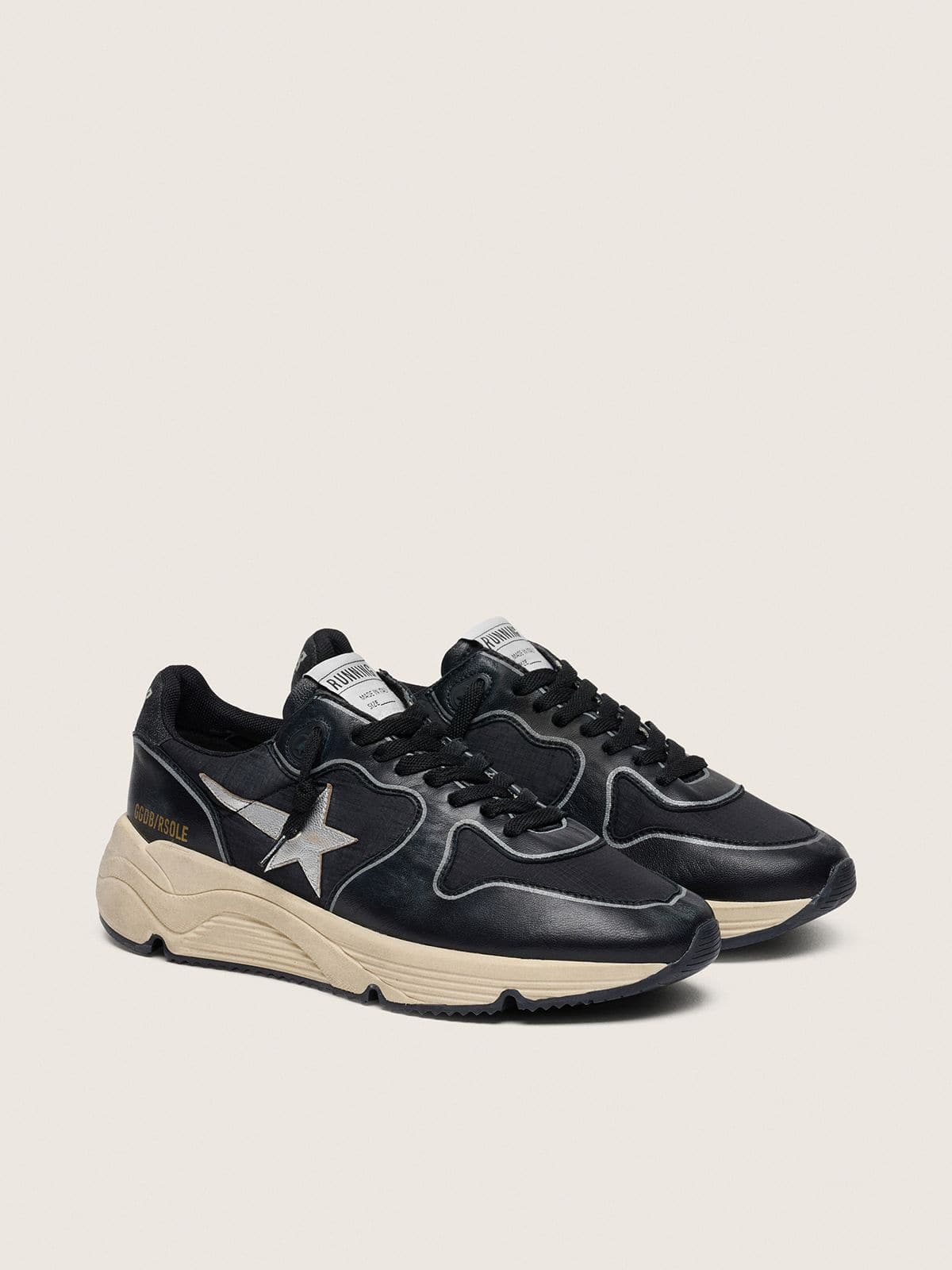 Golden Goose Women’s Running Sole In Black Nappa Leather And Nylon With A Silver Leather Star - Mind Türkiye