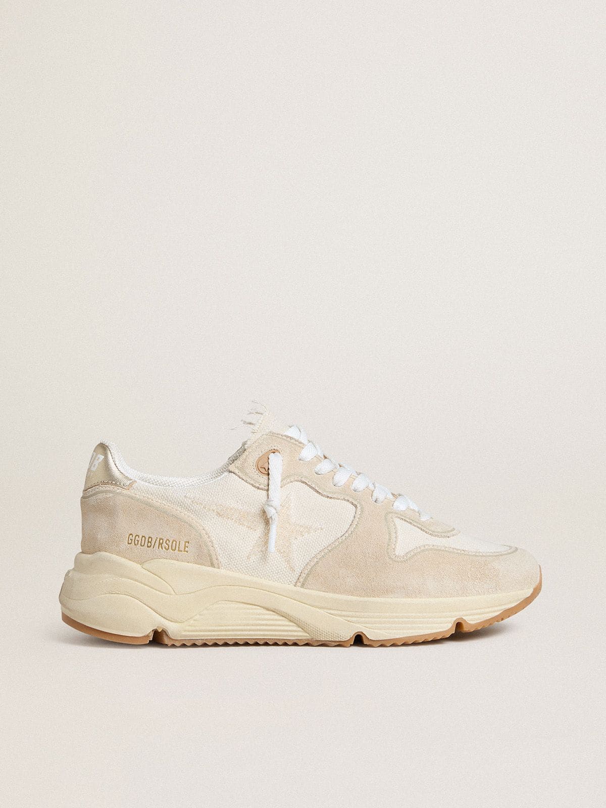 Golden Goose Women’s Running Sole In Canvas With Beige Star And Platinum Metallic Leather Heel Tab - Mind Türkiye