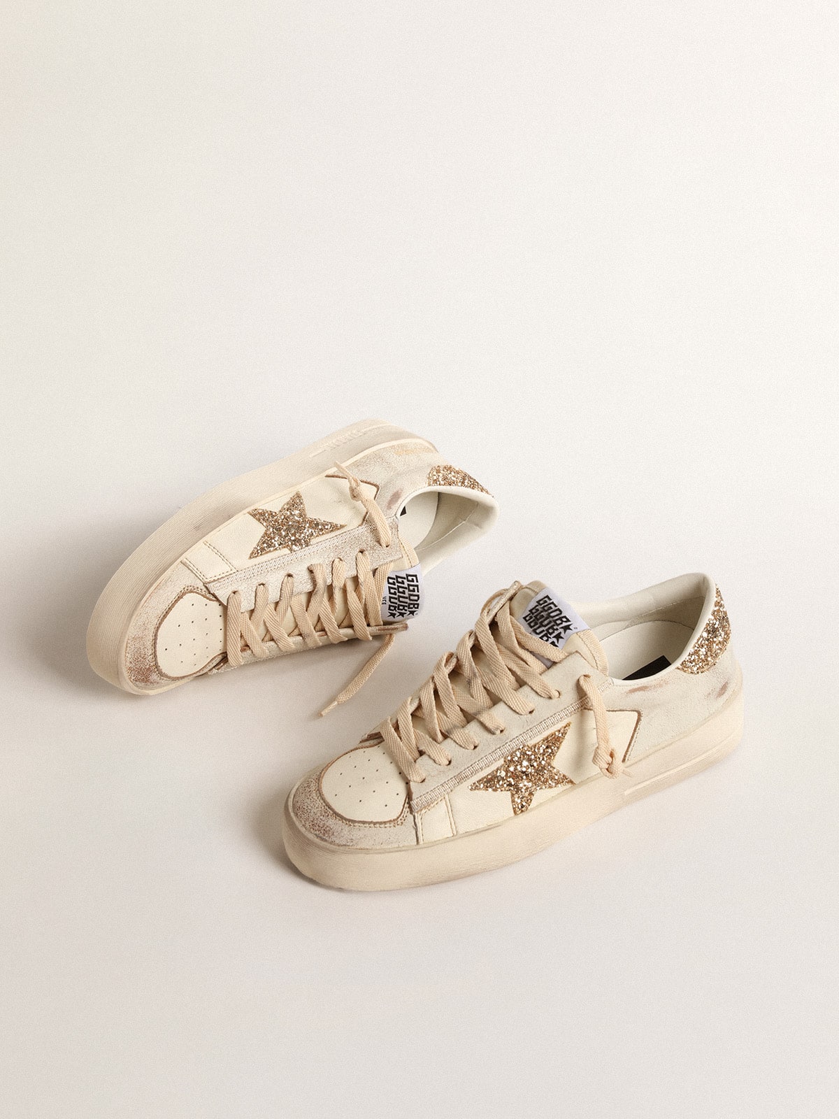 Golden Goose Women’s Stardan In Ecru Nappa Leather With Gold Glitter Star And Heel Tab - Mind Türkiye