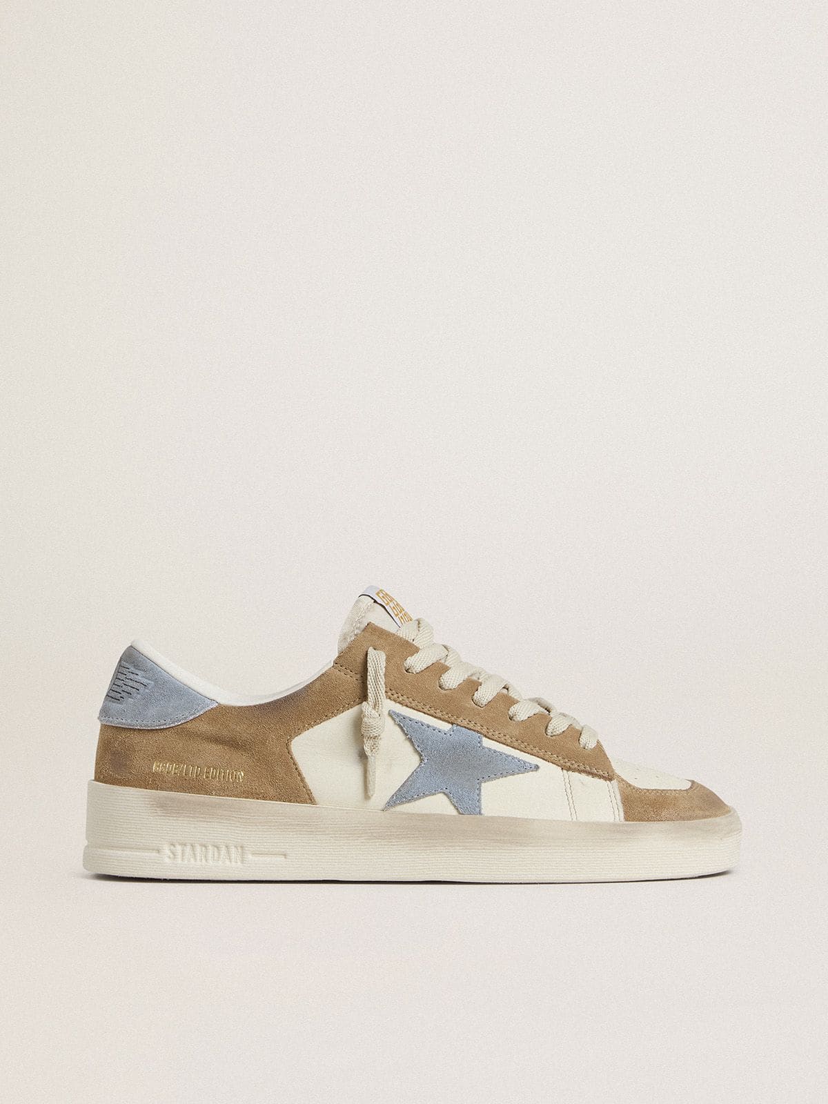 Golden Goose Stardan LTD In White Leather And Tobacco Suede With Light Blue Suede Star And Heel Tab - Mind Türkiye