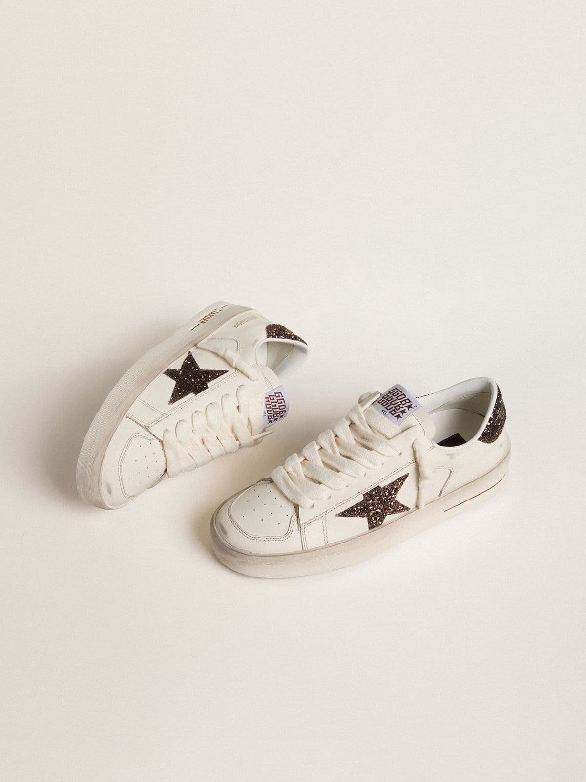 Golden Goose Women’s Stardan In White Leather With Brown Glitter Star And Heel Tab - Mind Türkiye