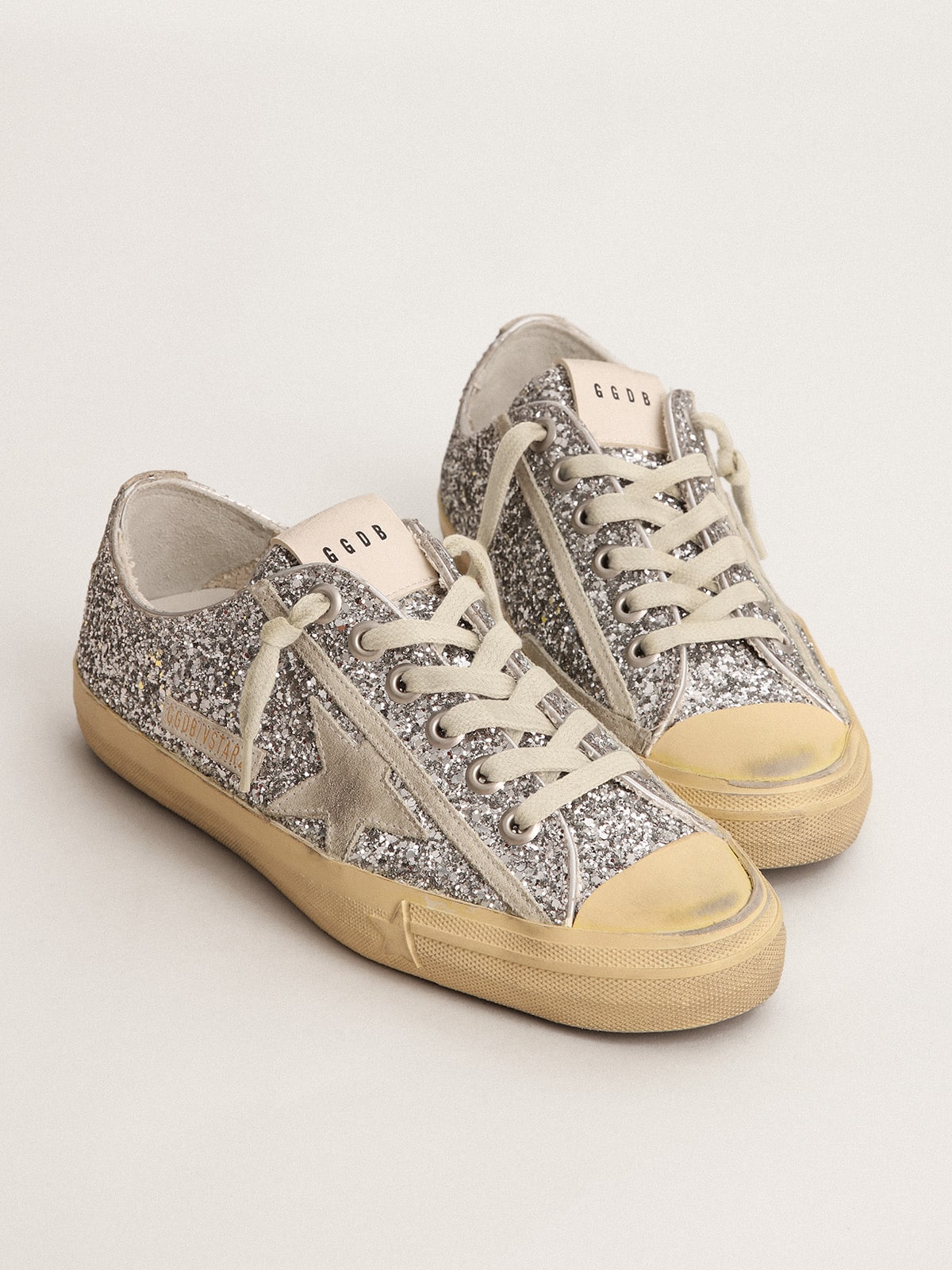 Golden Goose Women’s V-Star In Silver Glitter With Ice-Gray Suede Star - Mind Türkiye