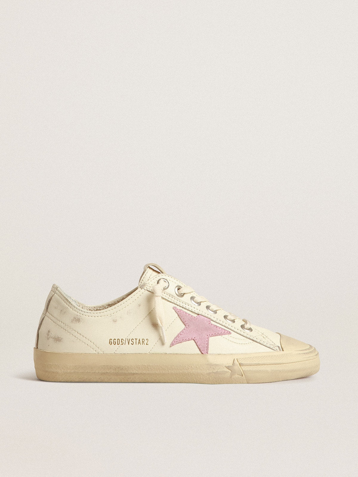 Golden Goose V-Star In Beige Nappa Leather With Old-Rose Suede Star