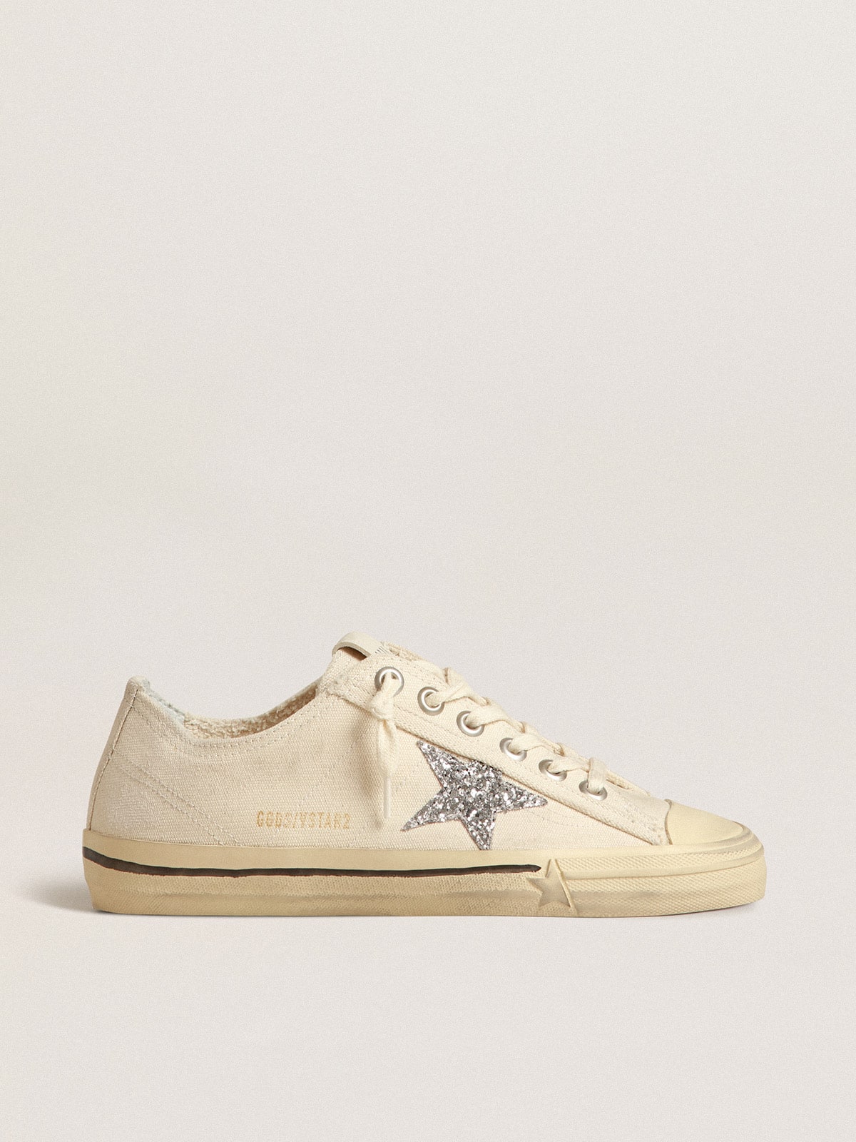 Golden Goose V-Star In Beige Canvas With A Silver Glitter Star - Mind Türkiye