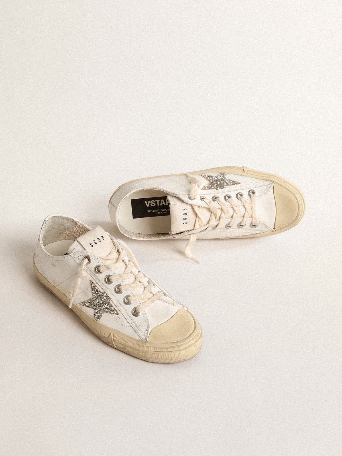 Golden Goose V-Star In White Leather With A Platinum Glitter Star - Mind Türkiye