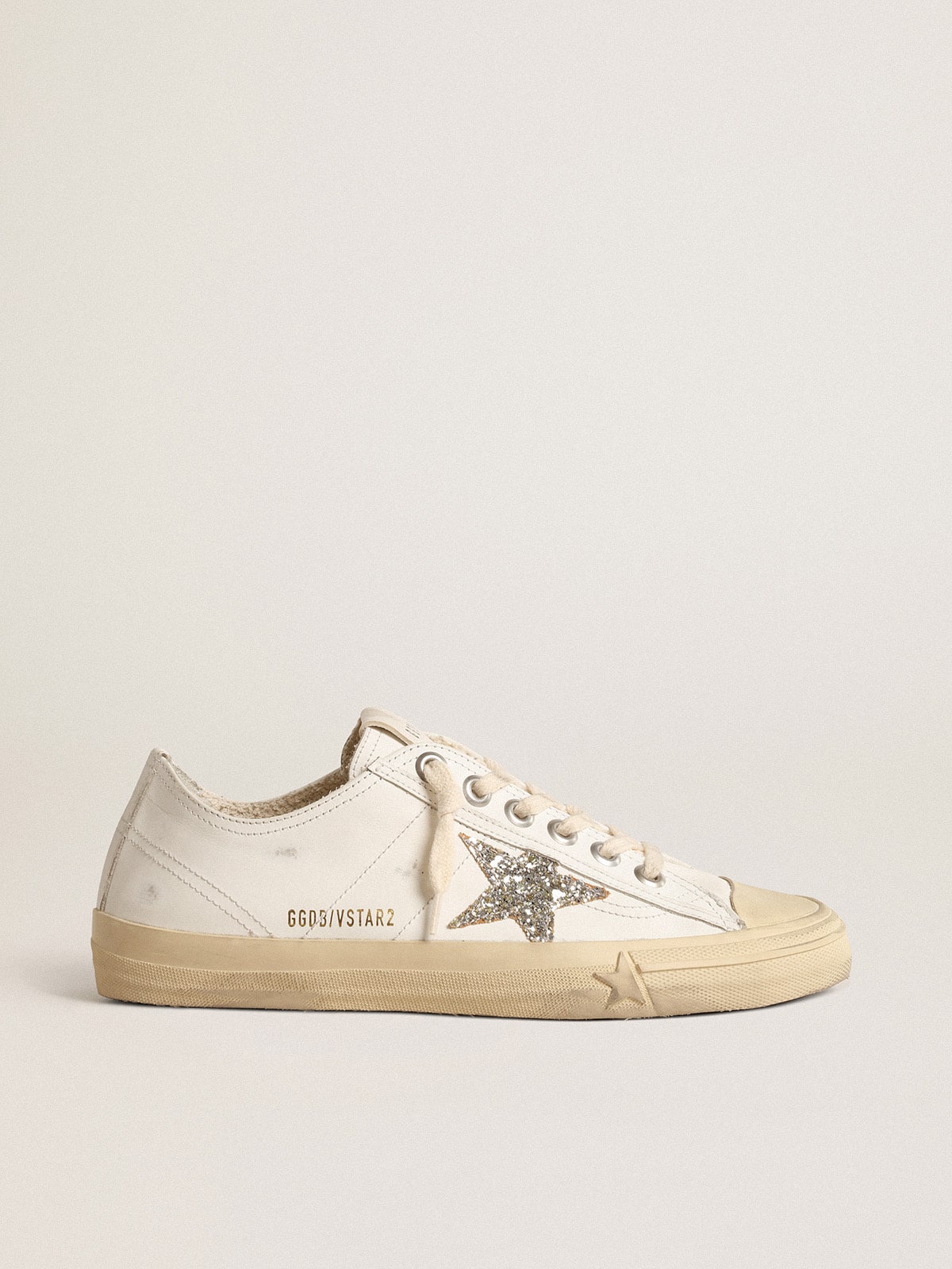 Golden Goose V-Star In White Leather With A Platinum Glitter Star - Mind Türkiye